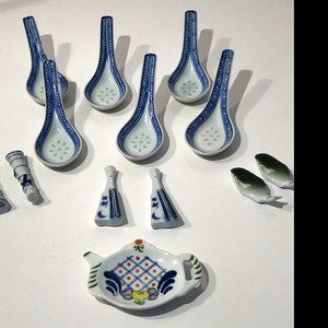 13-Pc. Set of Asian Spoons, Assorted Chopstick Rests & Tea Bag Holder